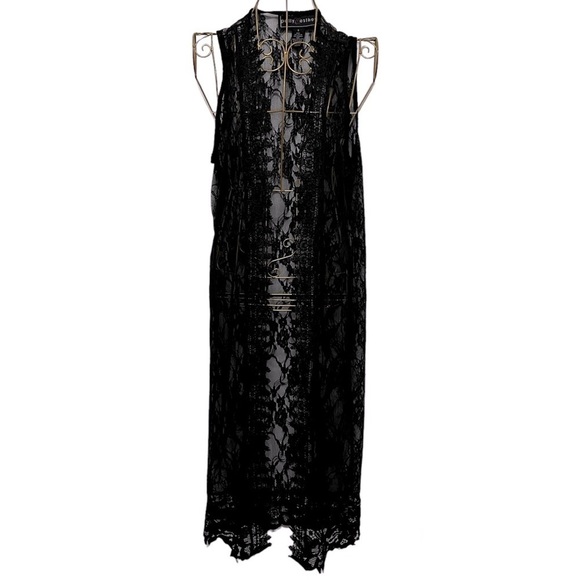 POLY & ESTHER Black Y2K Lace Long Line Sleeveless Kimono Duster Size Small - Picture 1 of 5